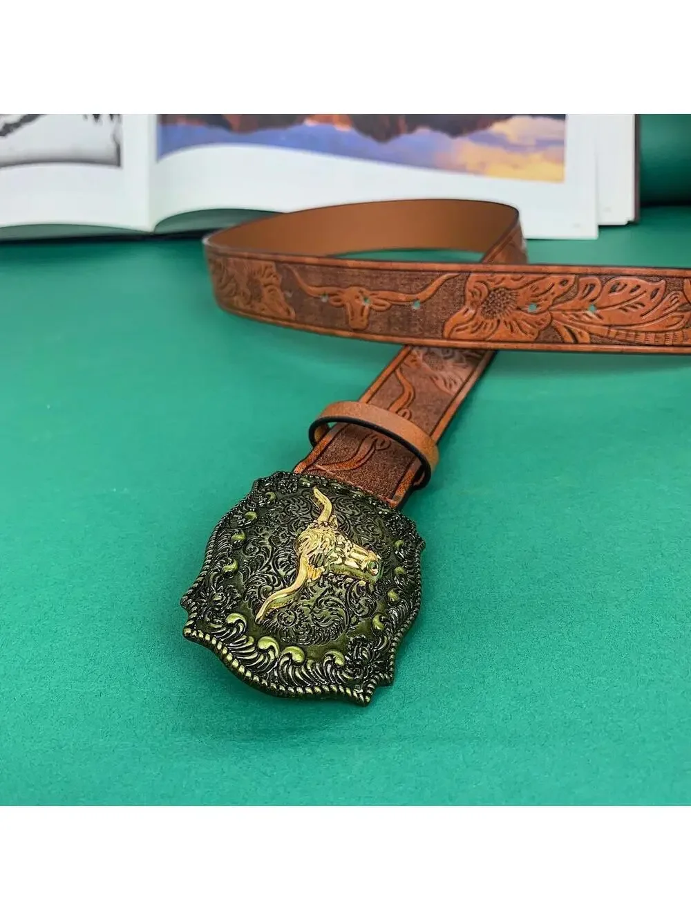 American Western Brown leather belt with silver-toned brass buckle, featuring a
